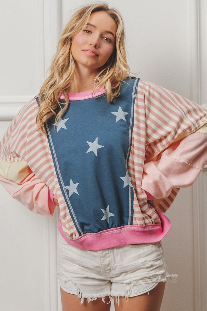 Alyse Stars and Stripes Round Neck Long Sleeve Top