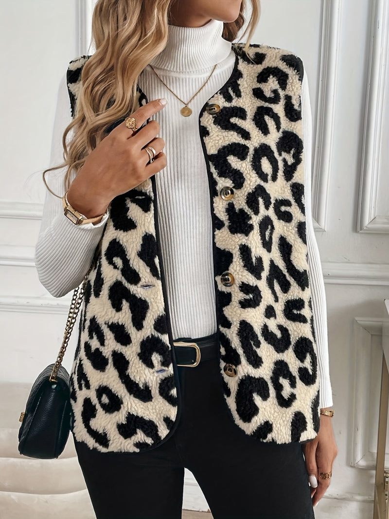 Raleigh Leopard Button Up Sherpa Vest