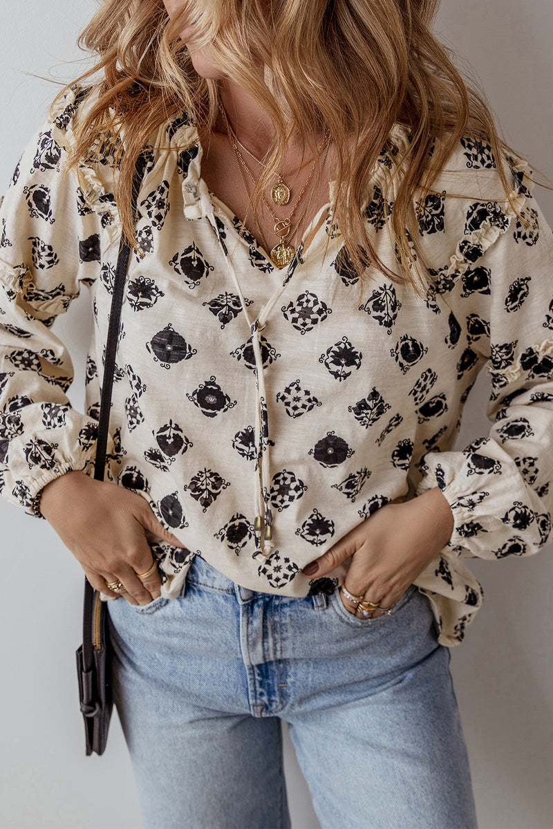 Silas Printed Tie Neck Long Sleeve Blouse