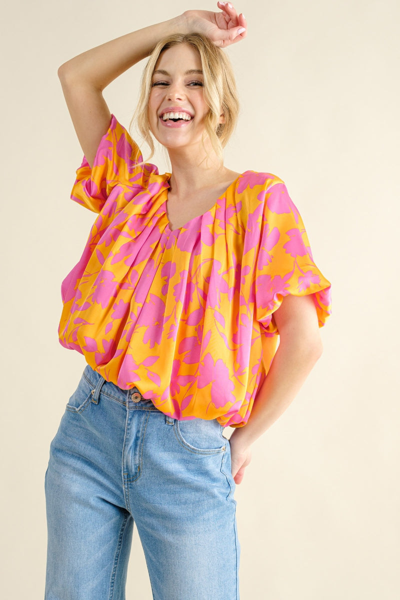 Tiller Full Size Printed Satin Bubble Hem Top