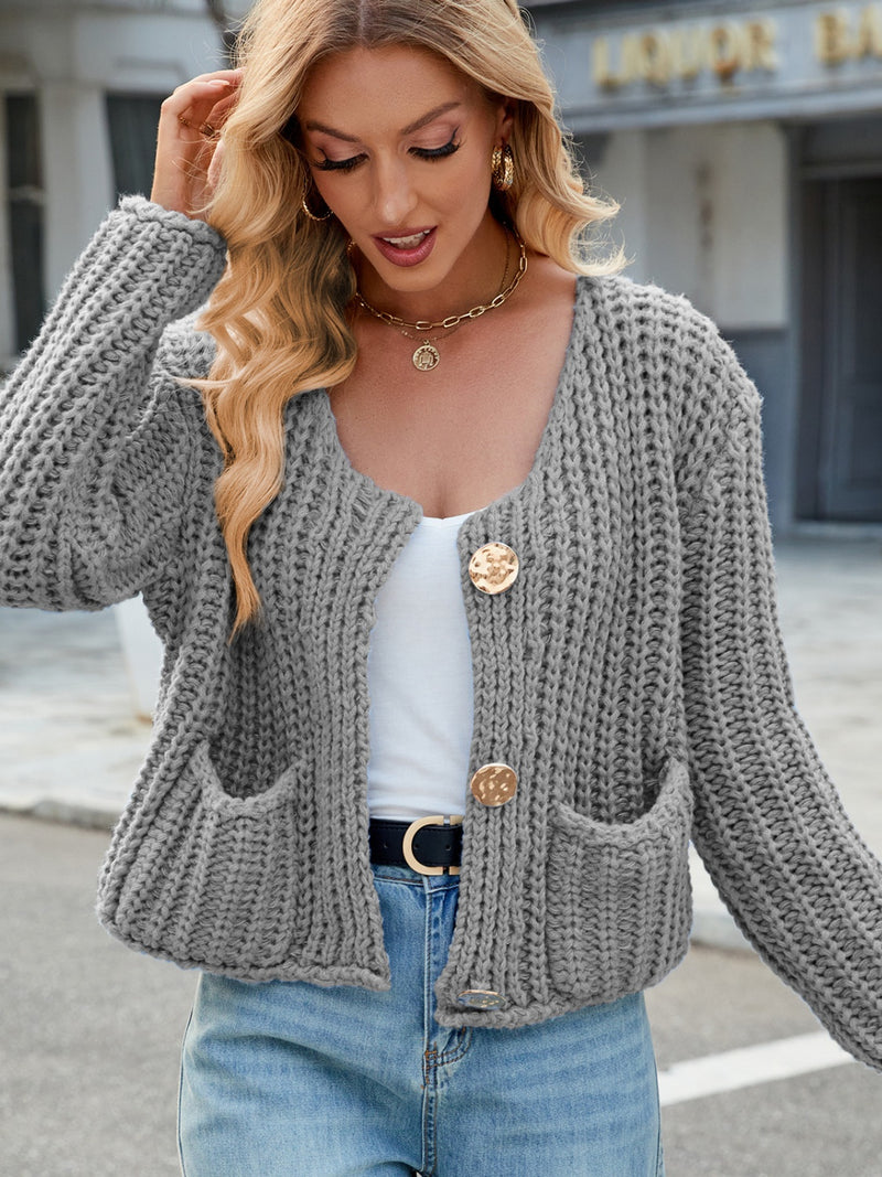 Katie Round Neck Button Up Cardigan with Pockets