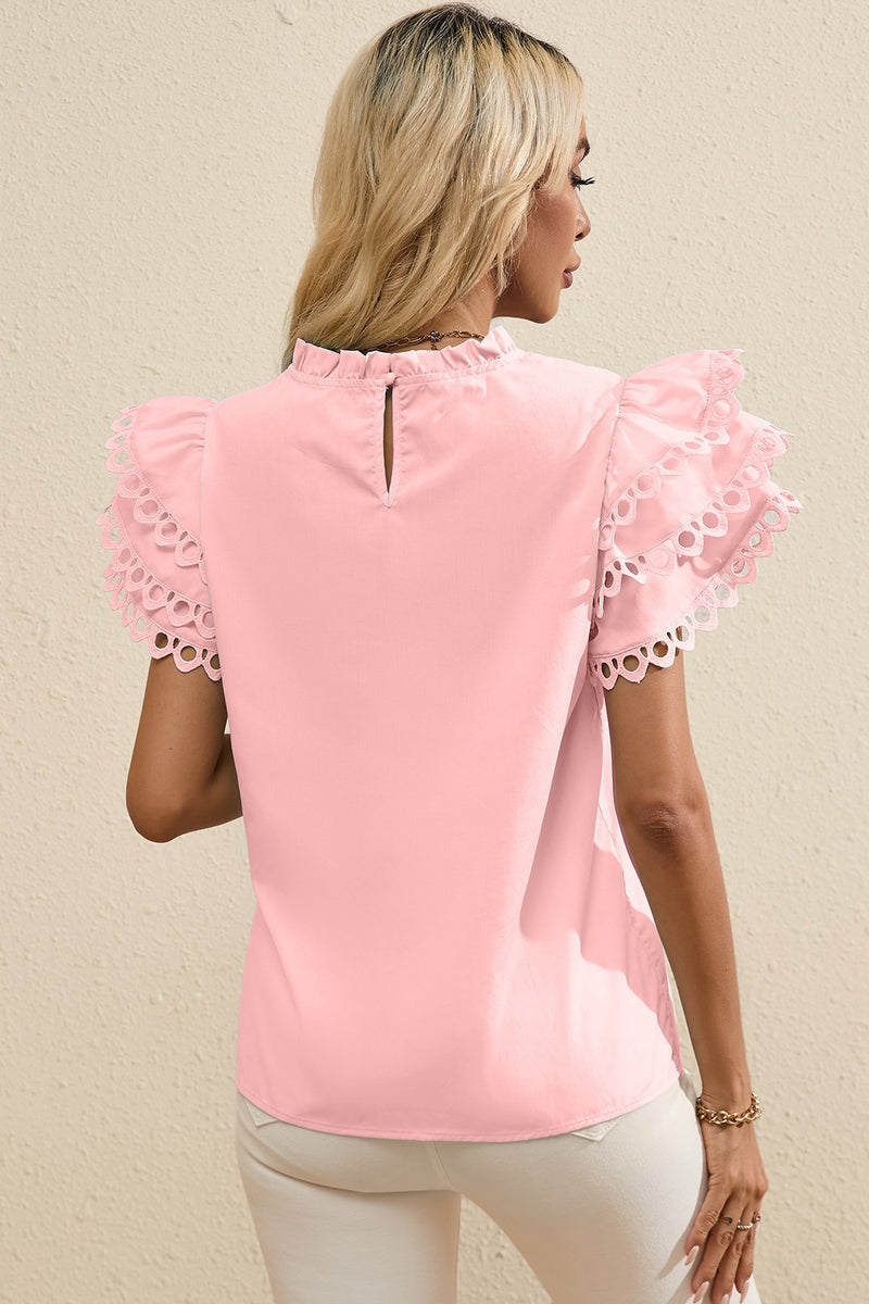 Bailey Ruffled Eyelet Round Neck Cap Sleeve Blouse