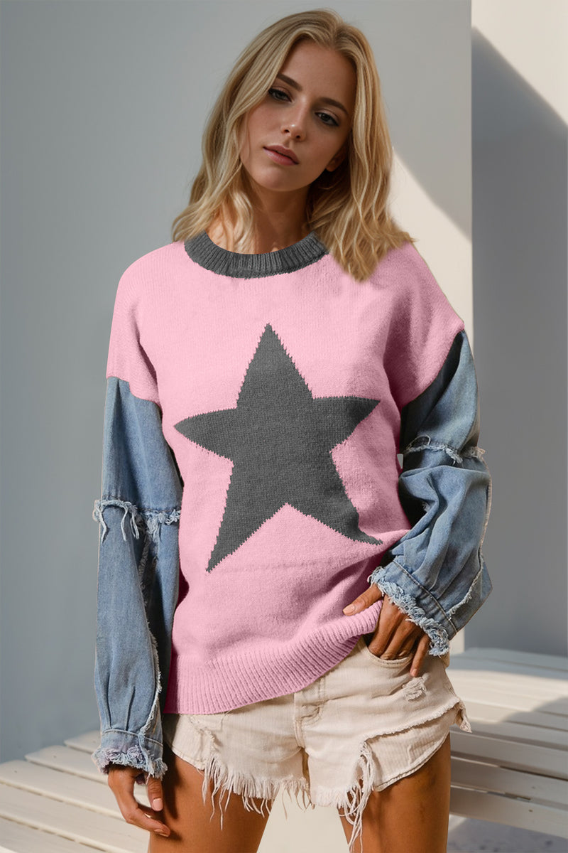 Everly Double Take Full Size Star Pattern Raw Edge Long Sleeve Sweater