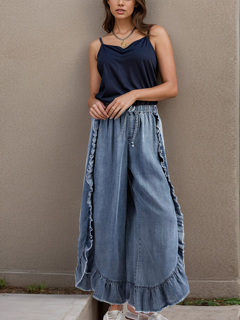 Ingrid Drawstring Ruffled Wide Leg Jeans