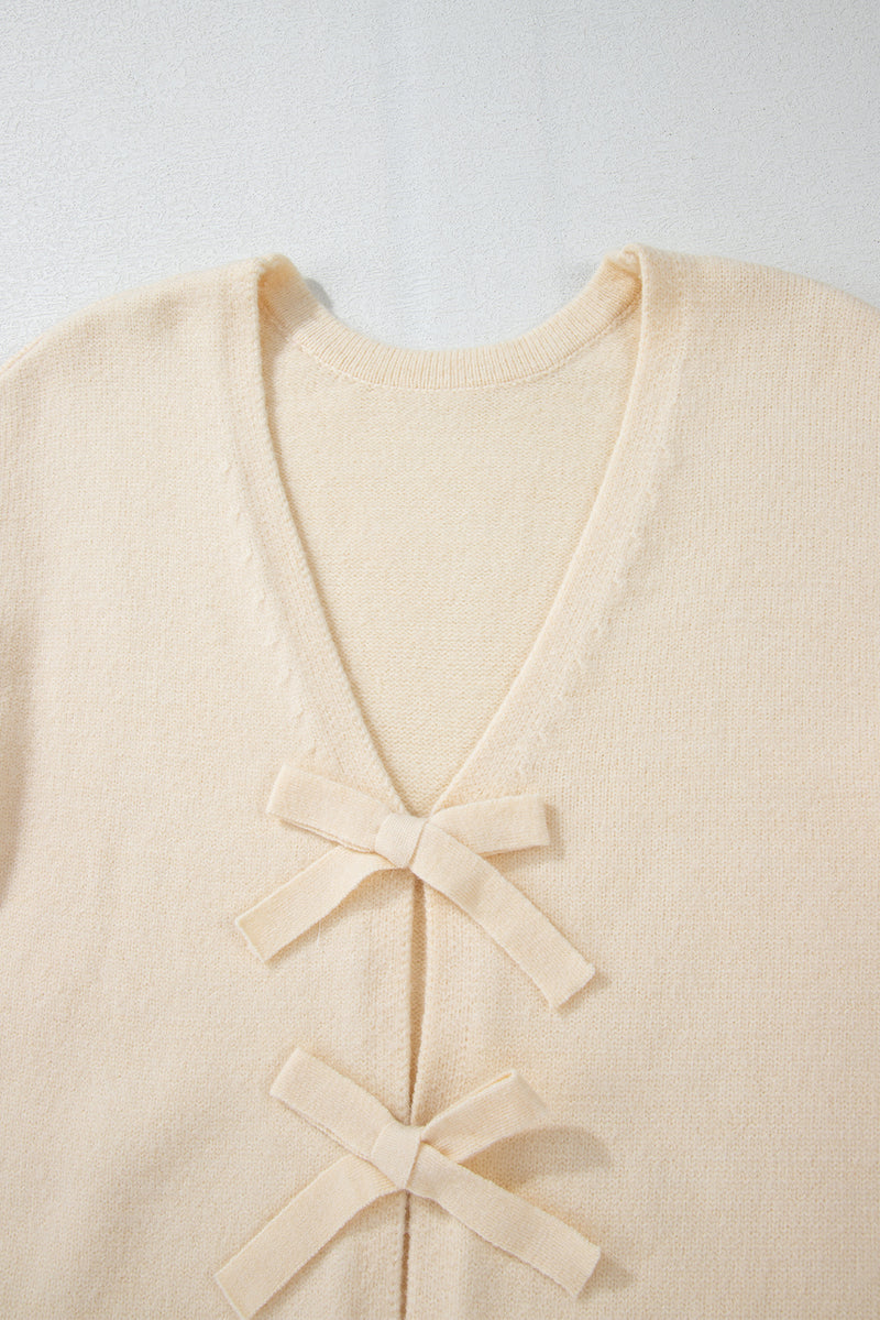 Heather Bowknot Front V Neck Long Sleeve Cardigan