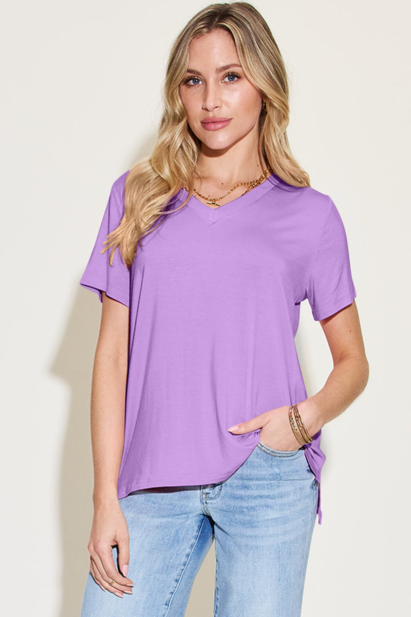 Olivia Basic Bae Bamboo Full Size V-Neck High-Low T-Shirt