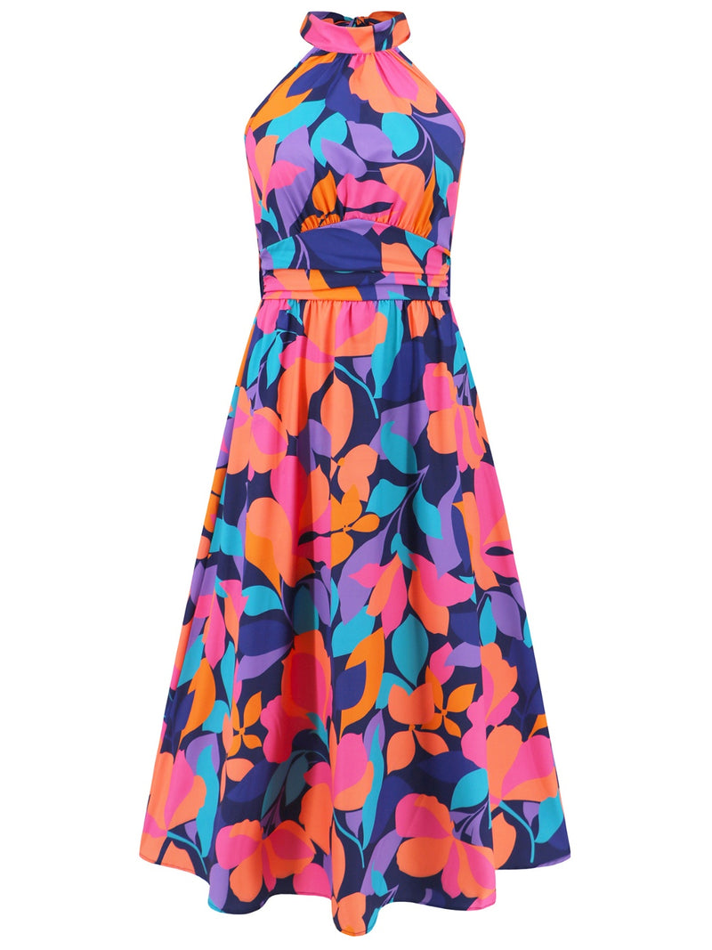 Kallie Ruched Printed Halter Neck Sleeveless Dress