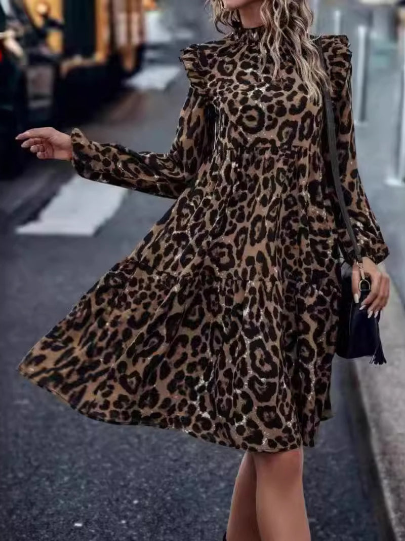 Cori Ruffled Leopard Mock Neck Long Sleeve Mini Dress- Deal of the Day!