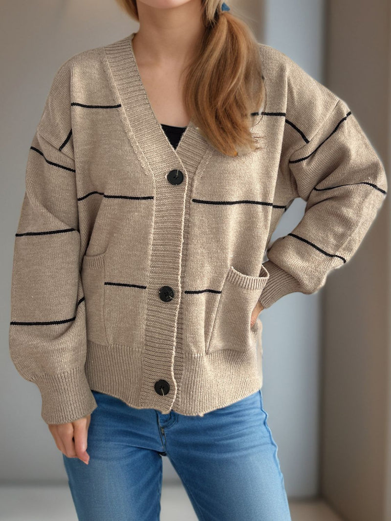 Lorelia Striped Button Down V-Neck Long Sleeve Cardigan