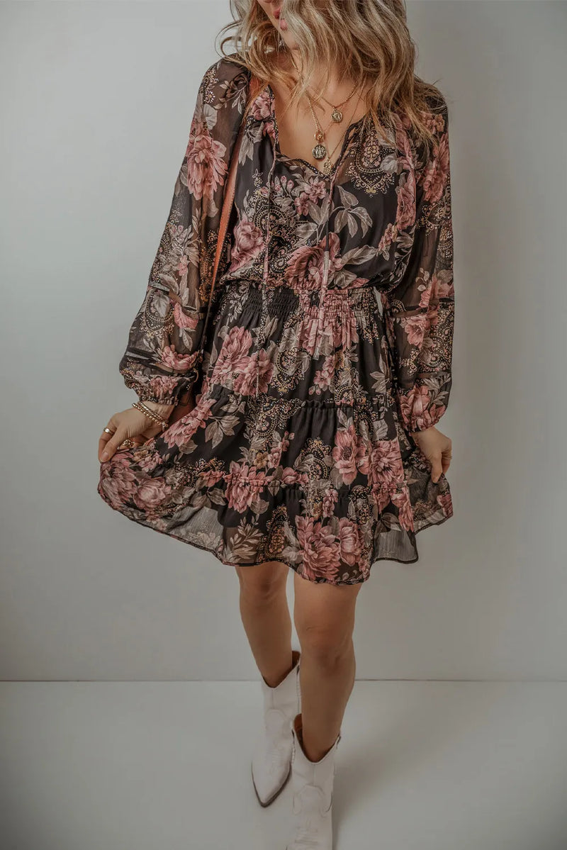 Kari Printed Tie Neck Long Sleeve Mini Dress