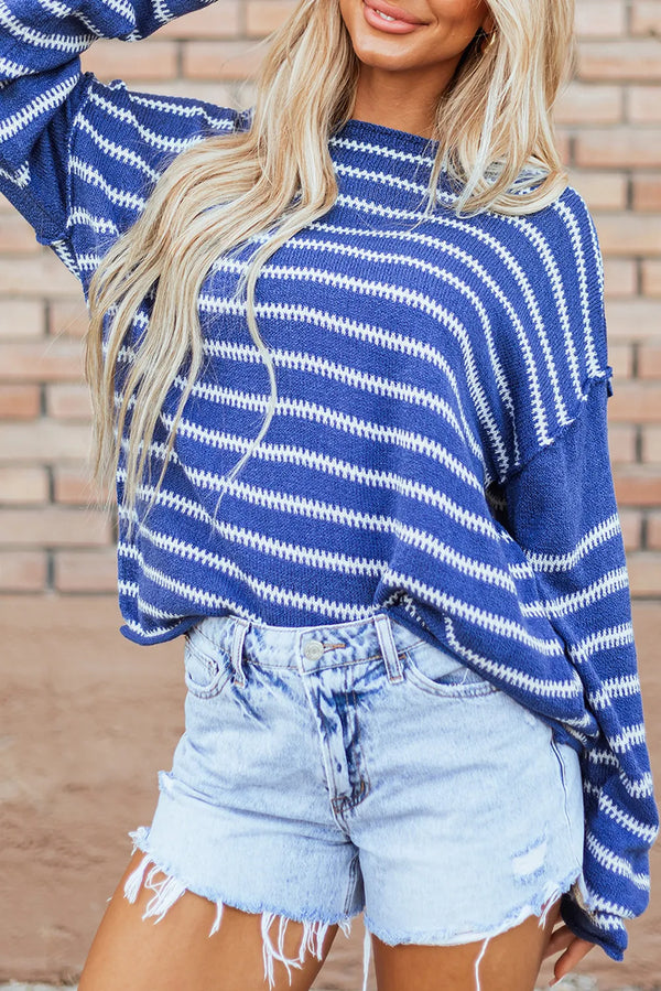 Brianna Striped Round Neck Dropped Shoulder Sweater