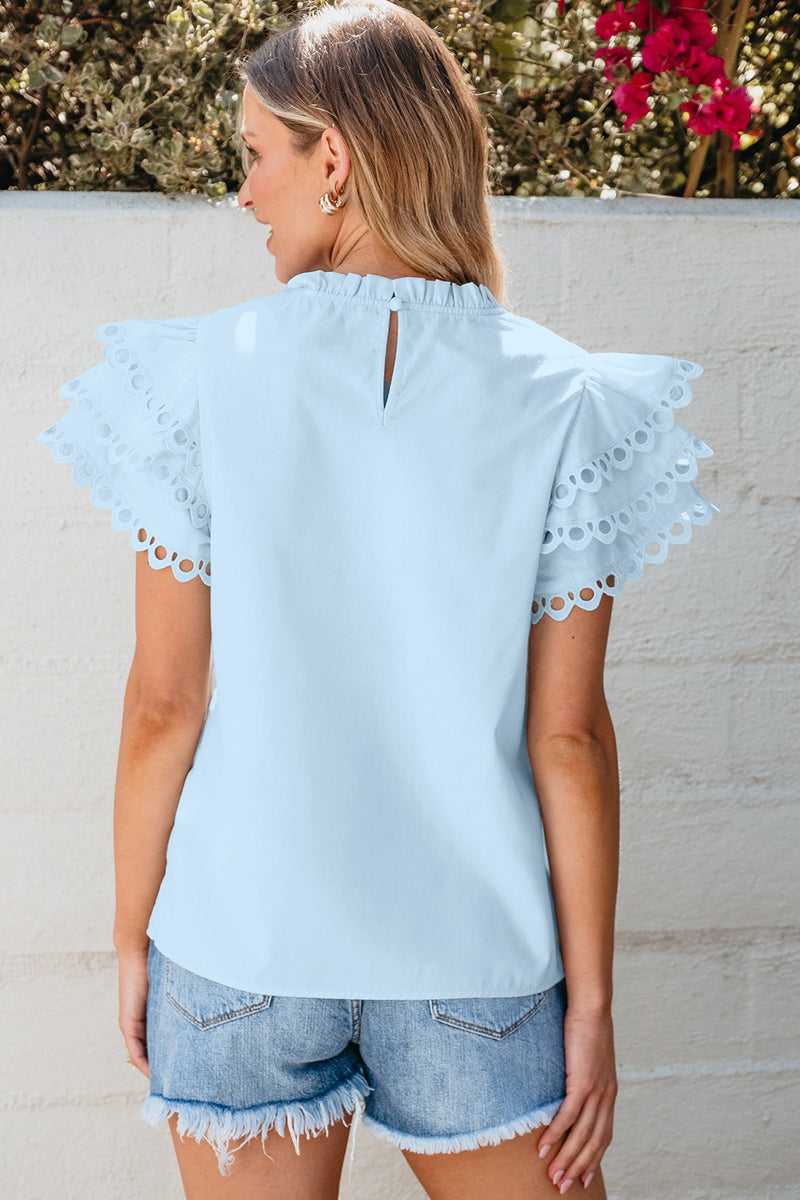 Bailey Ruffled Eyelet Round Neck Cap Sleeve Blouse