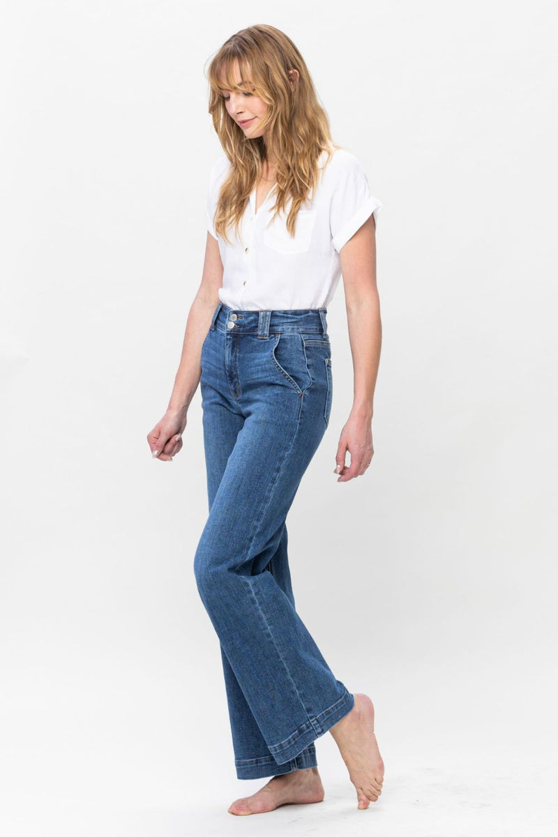 Rosie Judy Blue Full Size Double Button Wide Leg Jeans