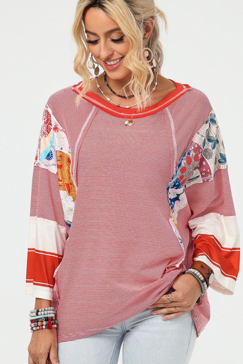 Ashley Striped Floral Patchwork Round Neck Top