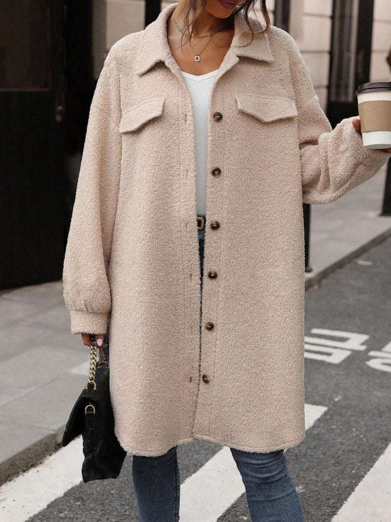 Sadie Button Up Drop Shoulder Sherpa Coat