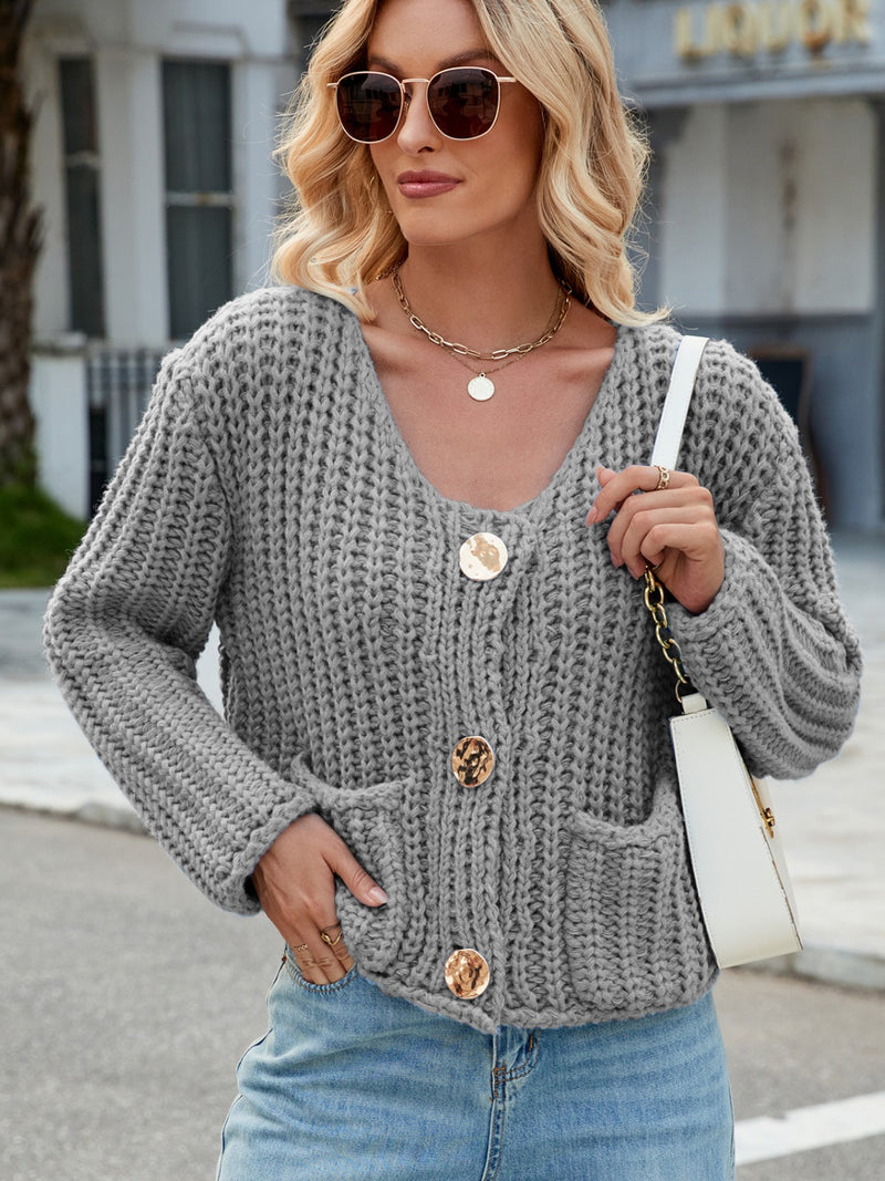 Katie Round Neck Button Up Cardigan with Pockets