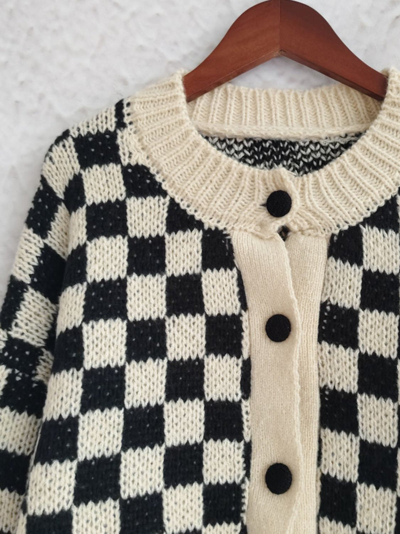 Tabbie Checkered Button Up Round Neck Cardigan