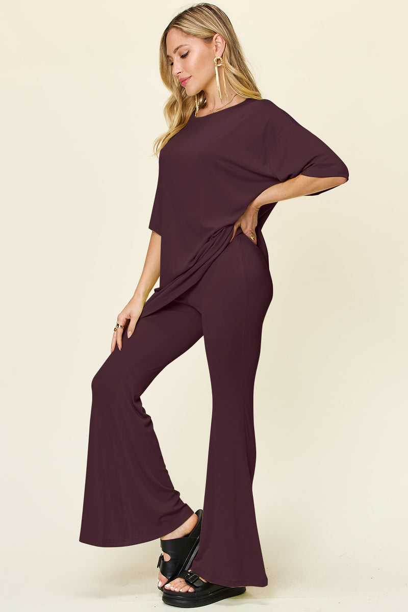 Ames Full Size Round Neck Drop Shoulder T-Shirt and Flare Pants Set