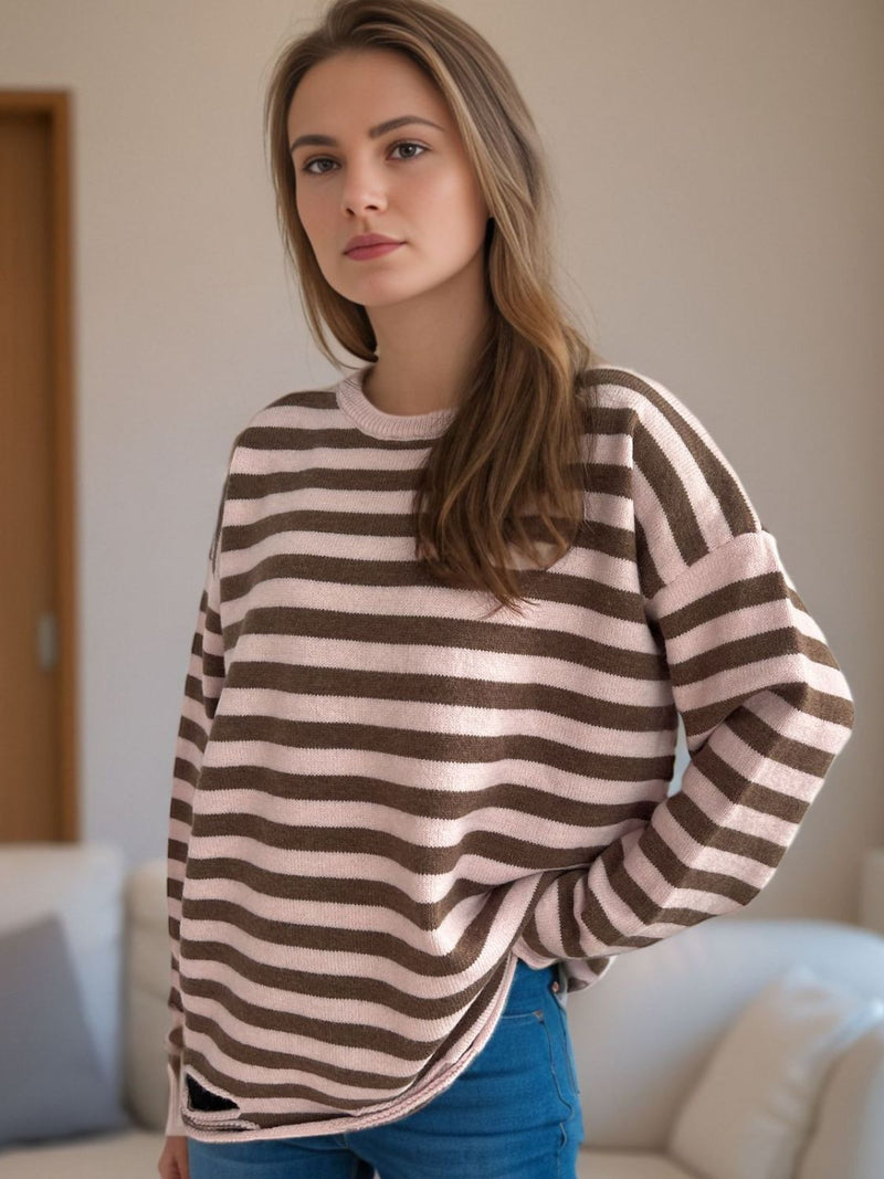 Luna Distressed Striped Round Neck Long Sleeve Sweater