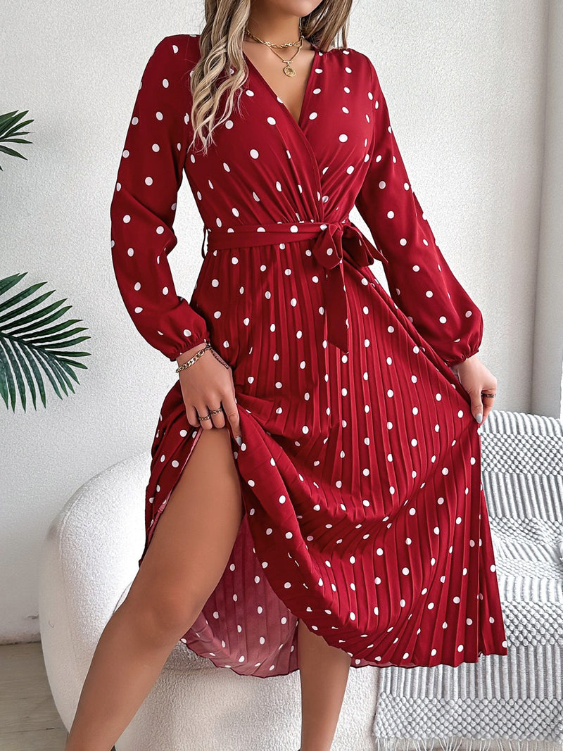 Carrie Tied Polka Dot Long Sleeve Midi Dress