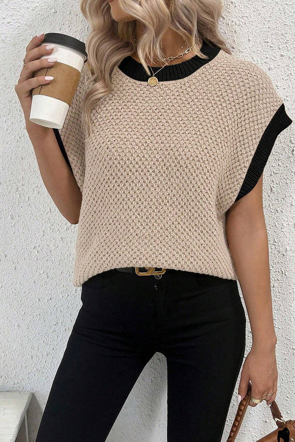 Diana Contrast Round Neck Cap Sleeve Knit Top