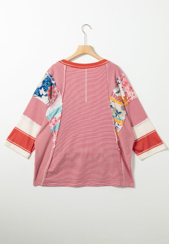 Ashley Striped Floral Patchwork Round Neck Top