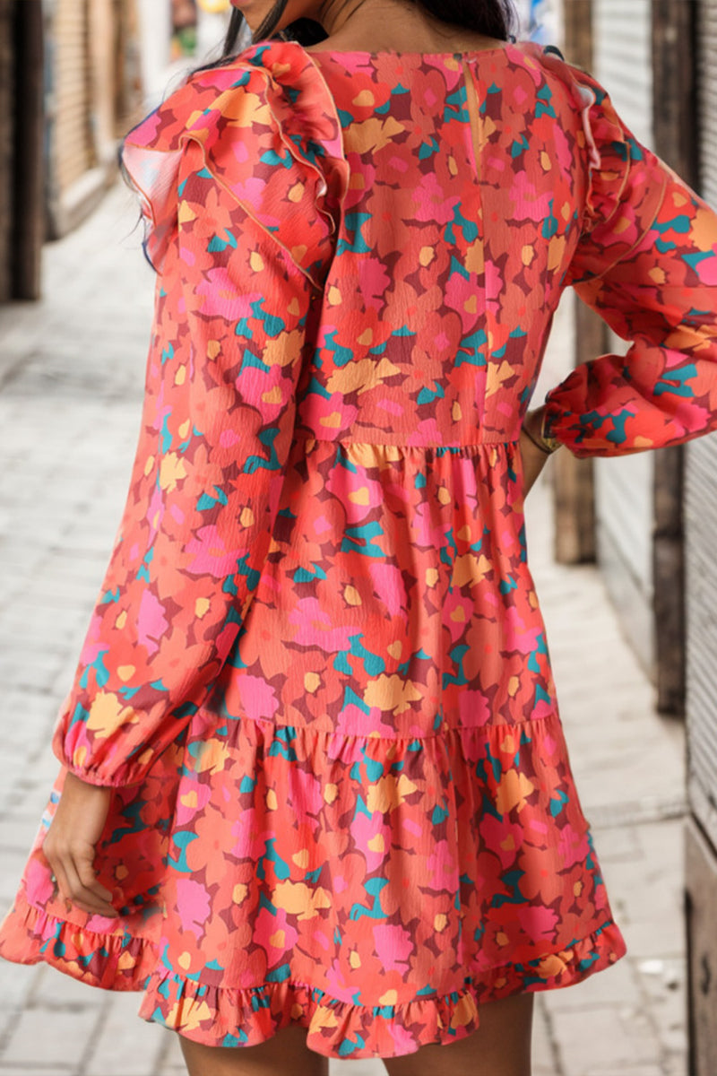 Crystal Printed Ruffle Trim Balloon Sleeve Tiered Dress