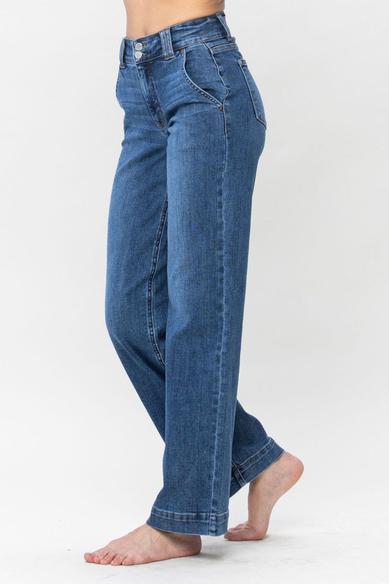 Rosie Judy Blue Full Size Double Button Wide Leg Jeans