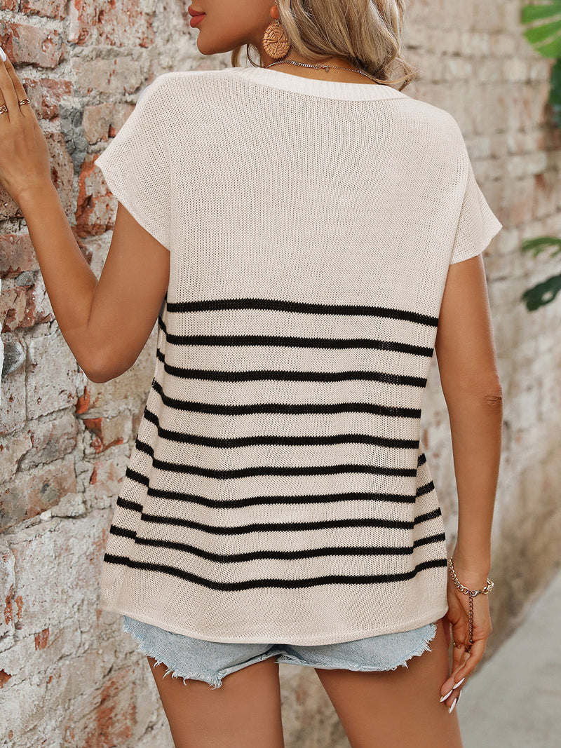 Donia Striped Round Neck Short Sleeve Knit Top