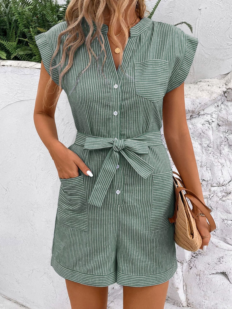 Alora Striped Notched Tie Waist Romper