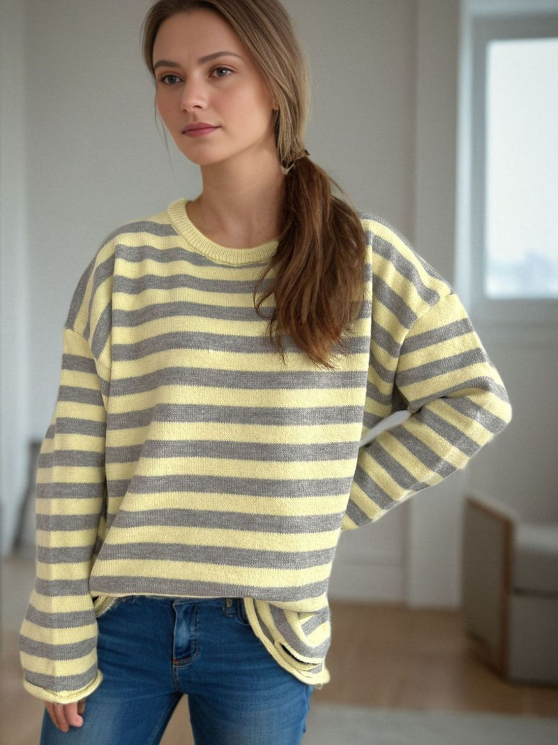 Luna Distressed Striped Round Neck Long Sleeve Sweater