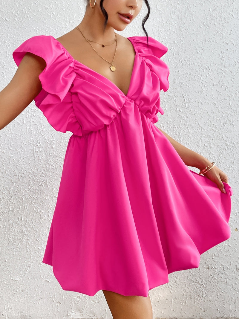 Nikkie Ruffled V-Neck Cap Sleeve Mini Dress