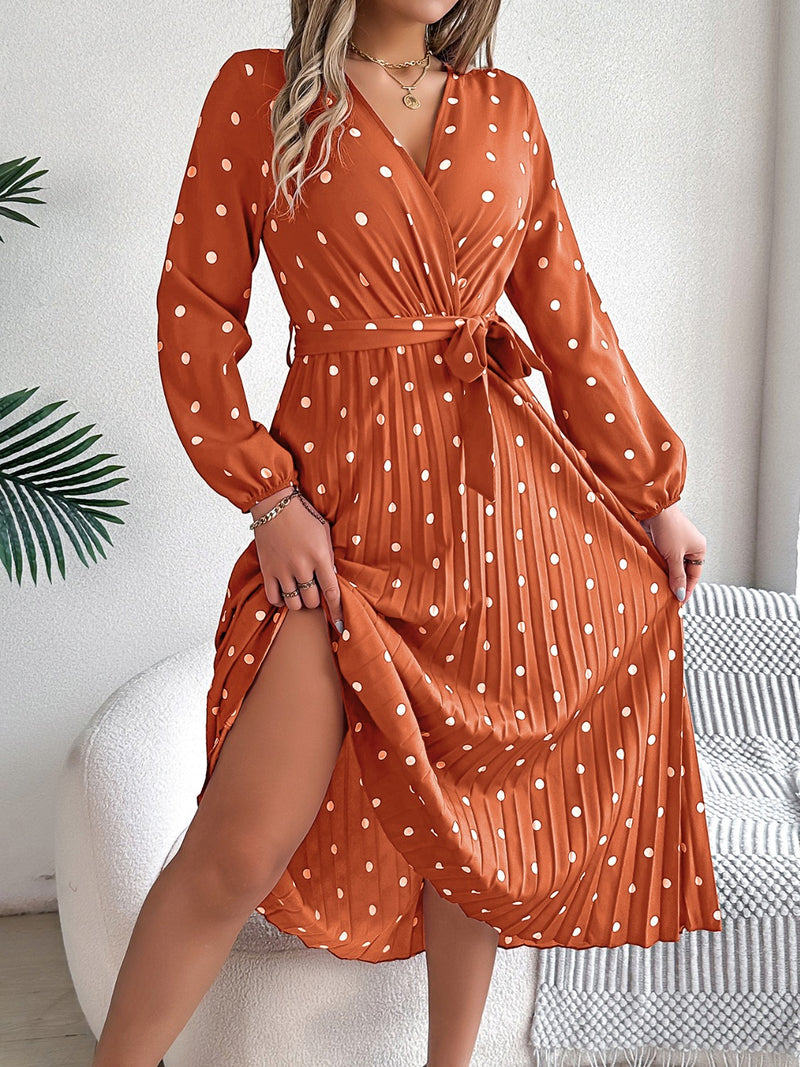 Carrie Tied Polka Dot Long Sleeve Midi Dress