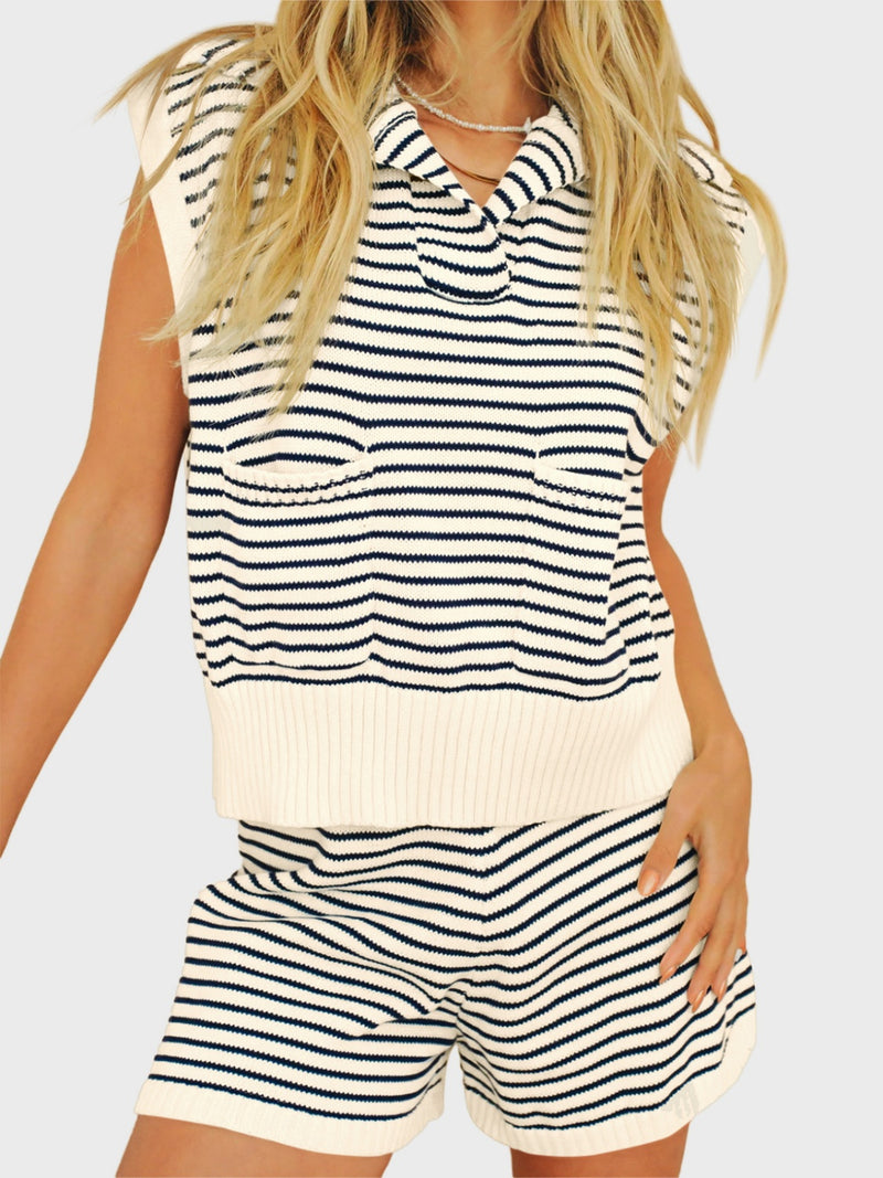 Katrina Striped Cap Sleeve Top and Shorts Sweater Set