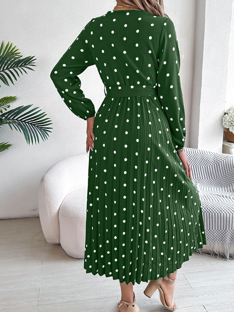 Carrie Tied Polka Dot Long Sleeve Midi Dress