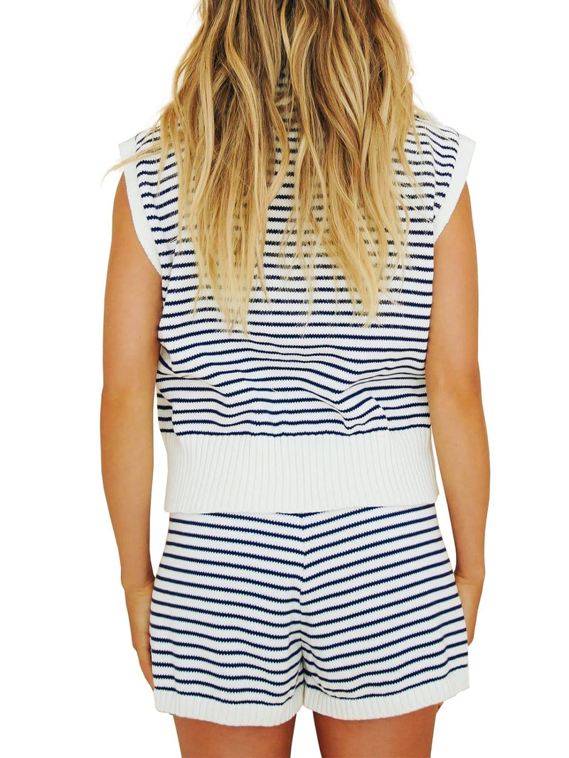 Katrina Striped Cap Sleeve Top and Shorts Sweater Set