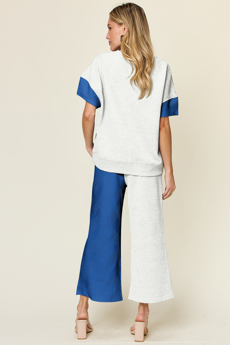 Avis Double Take Full Size Texture Contrast T-Shirt and Wide Leg Pants Set