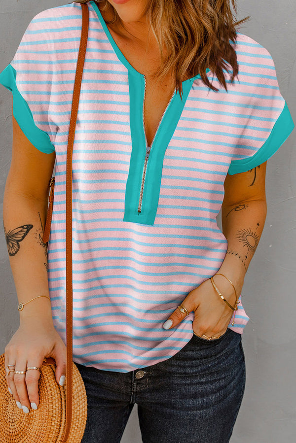 Kinny Striped Notched Short Sleeve T-Shirt