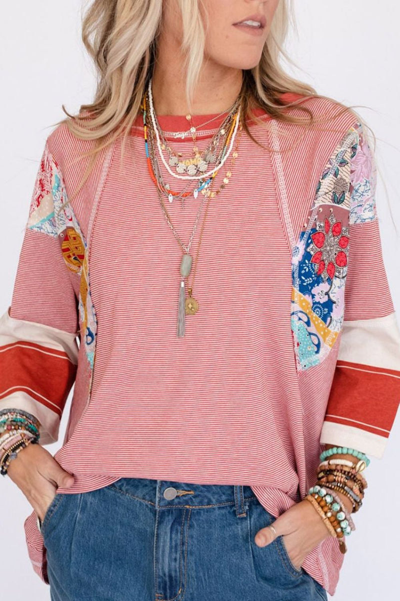 Ashley Striped Floral Patchwork Round Neck Top