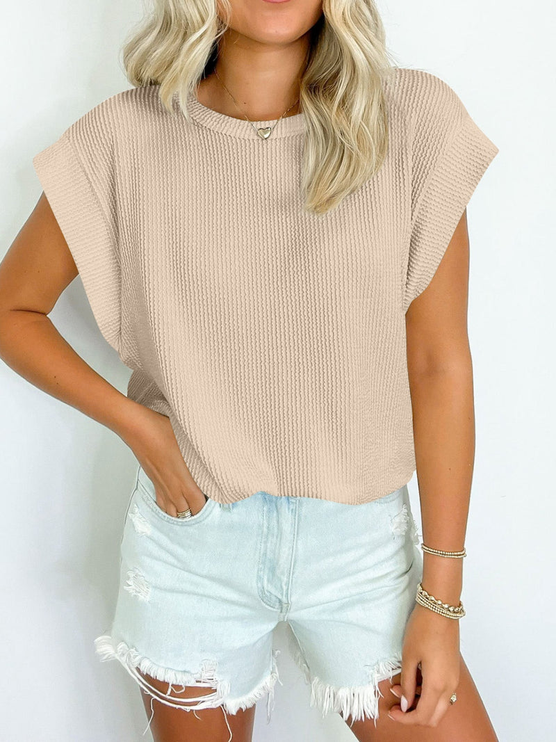 Lynn Textured Round Neck Cap Sleeve Blouse