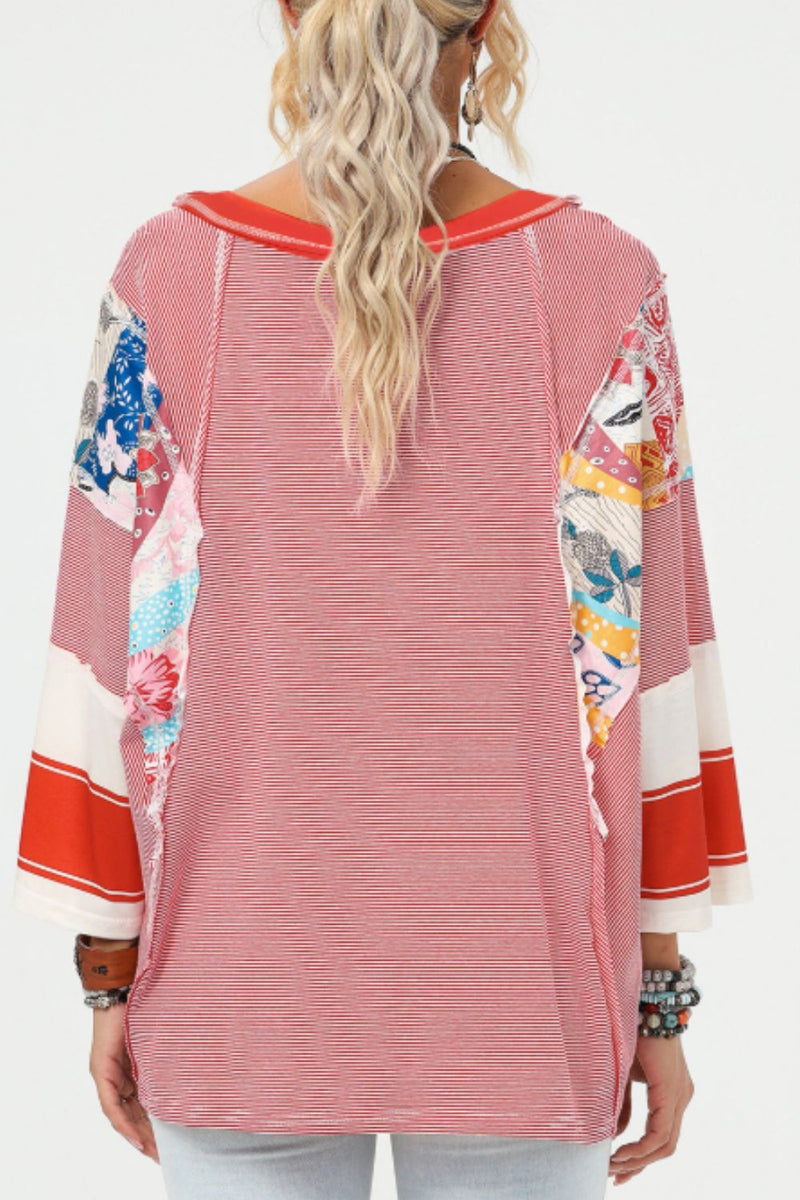 Ashley Striped Floral Patchwork Round Neck Top