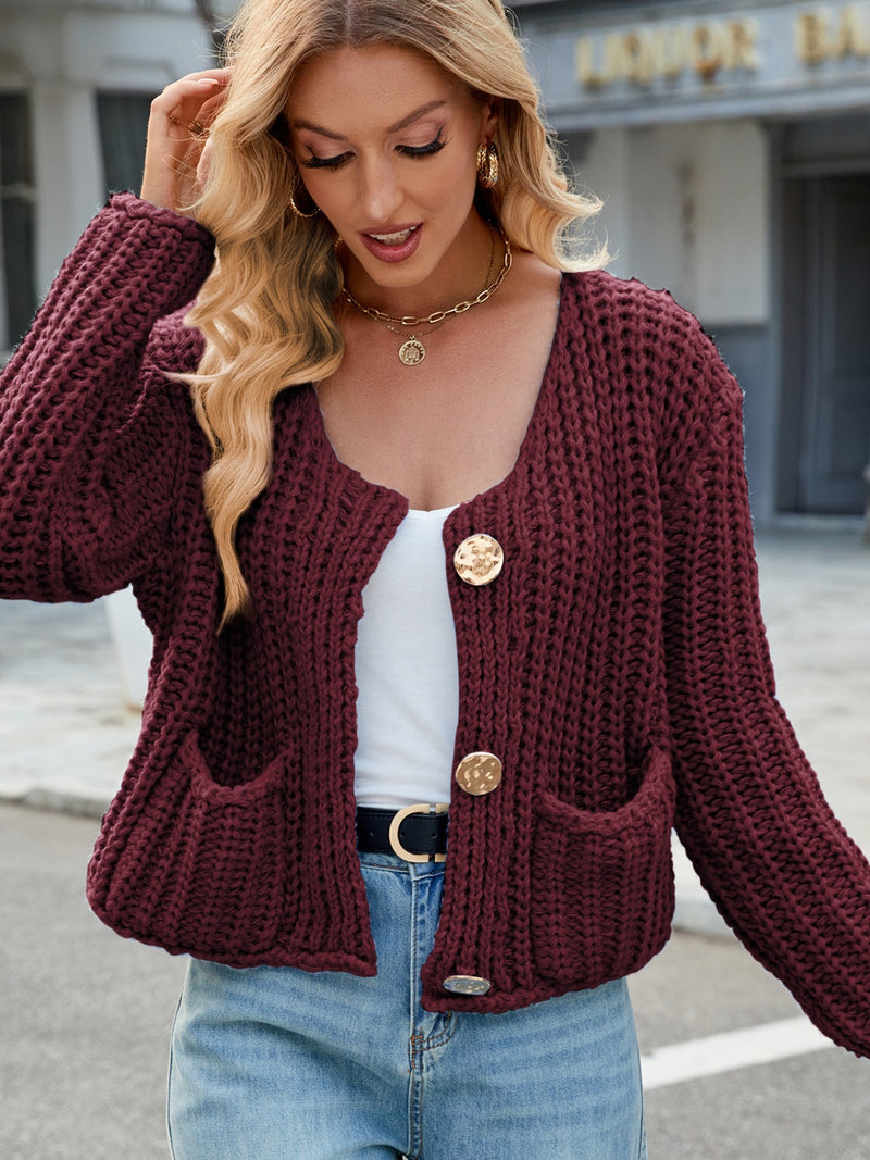 Katie Round Neck Button Up Cardigan with Pockets