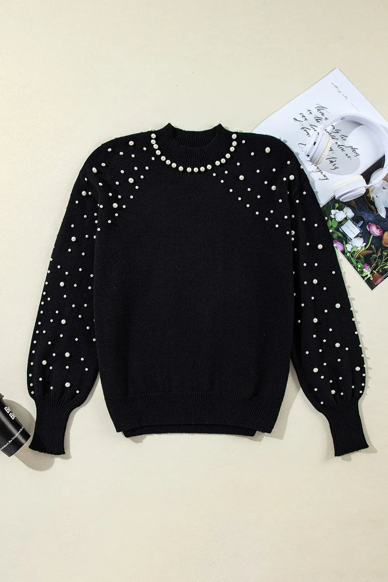 Mila Pearl Detail Mock Neck Long Sleeve Sweater