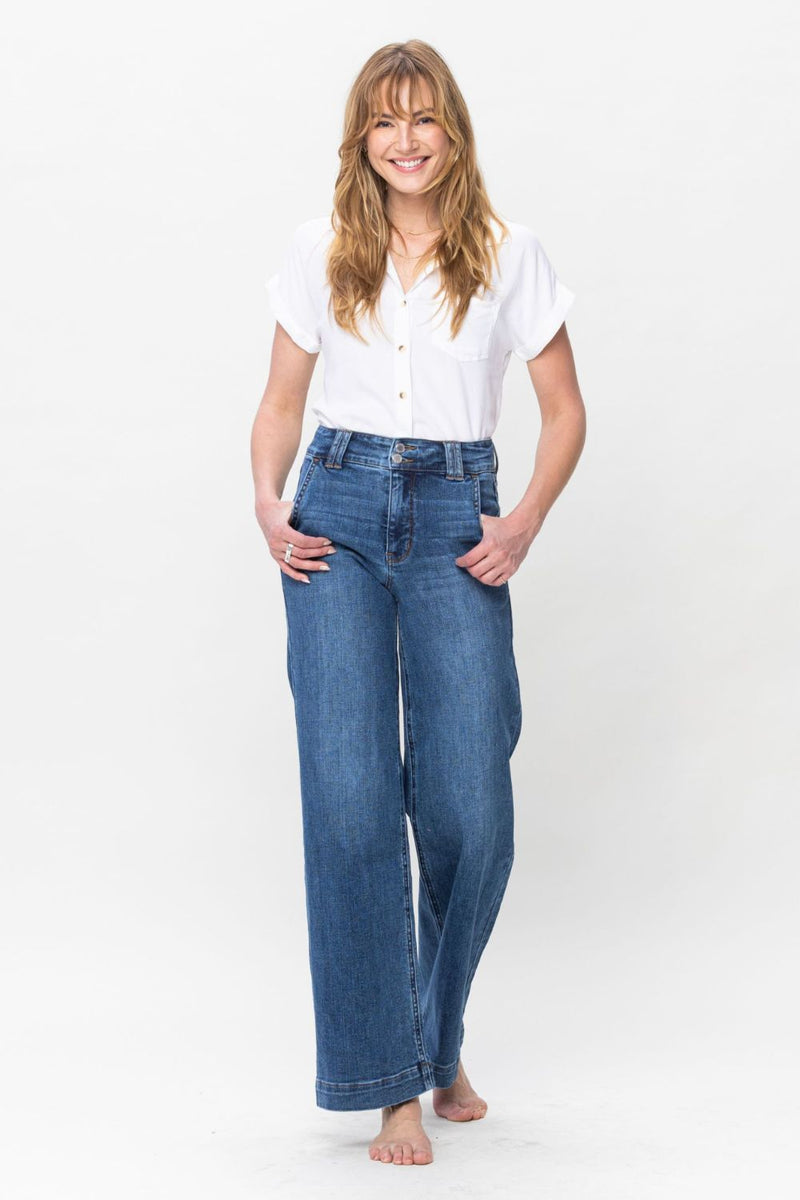 Rosie Judy Blue Full Size Double Button Wide Leg Jeans