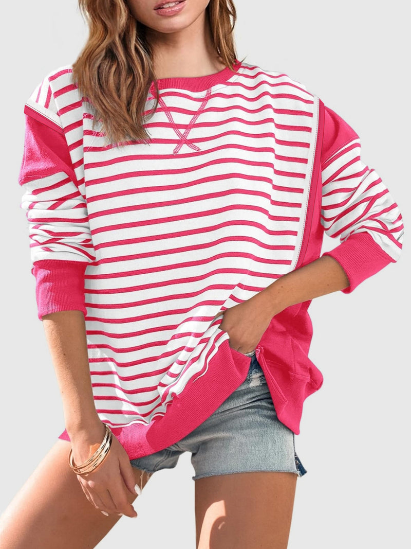 Chalesa Slit Exposed Seam Striped Long Sleeve Sweatshirt