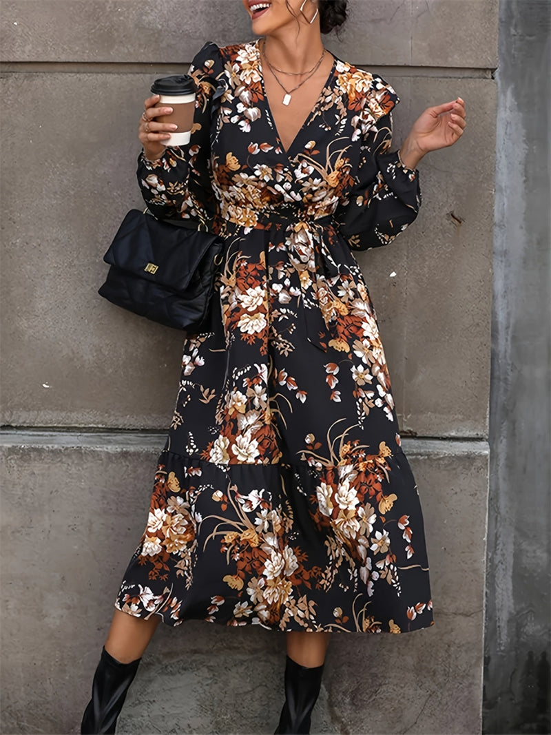 Sofia Ruffled Printed Surplice Long Sleeve Midi Dress