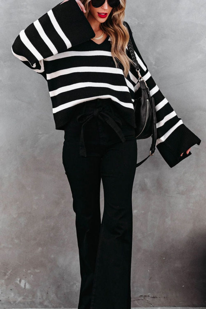 Striped Johnny Collar Long Sleeve Sweater