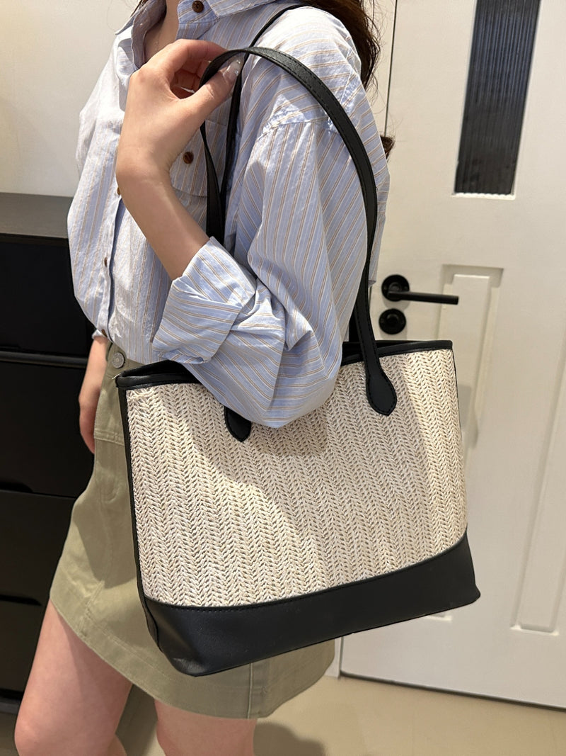 Delia Contrast Straw Woven Tote Bag