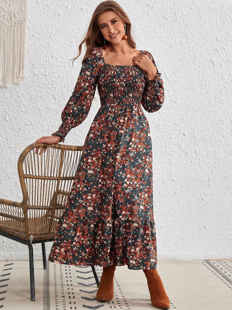 Cecilia Smocked Floral Square Neck Long Sleeve Dress