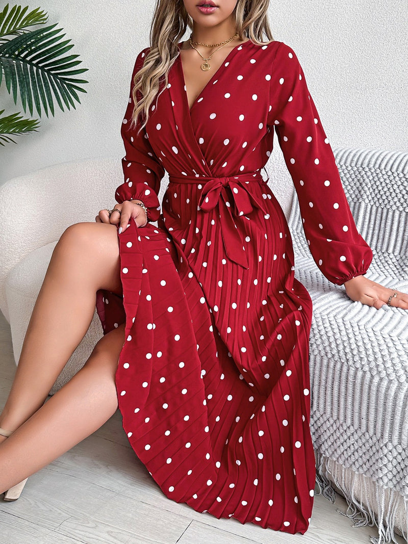 Carrie Tied Polka Dot Long Sleeve Midi Dress